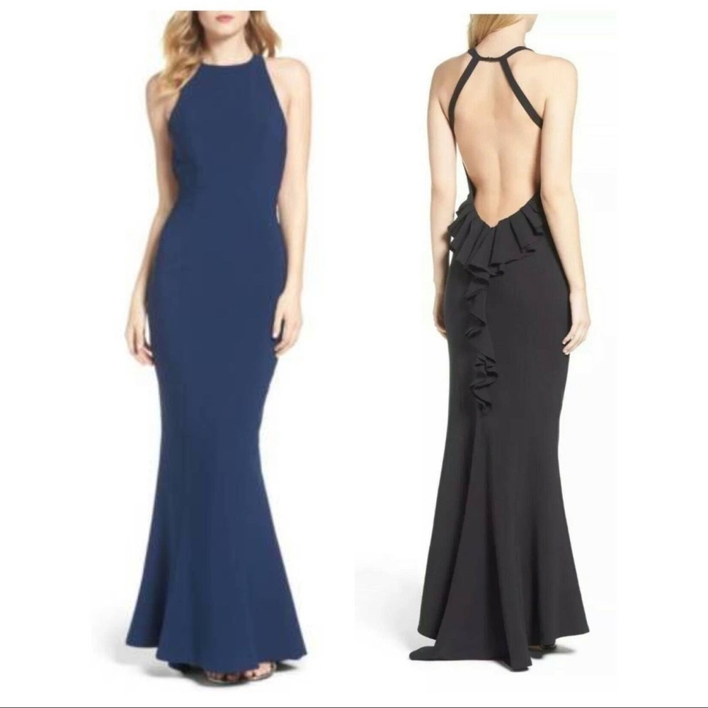 Maria Bianca Nero Ruffle Low Back Mermaid Gown IN NAVY